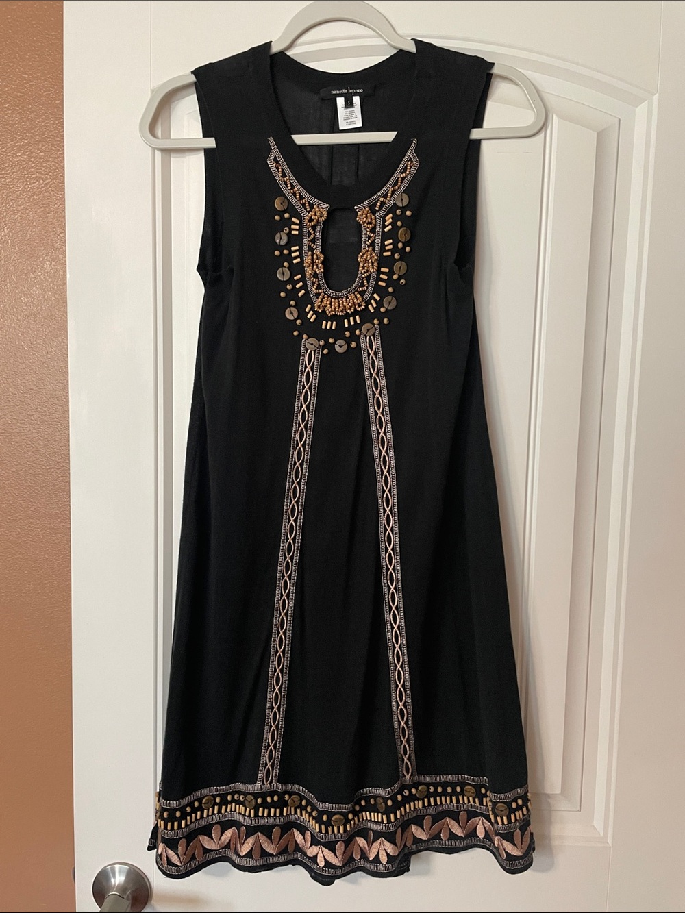 Nanette Lepore Black Sleeveless Embroidered beaded a-line Dress womens 8